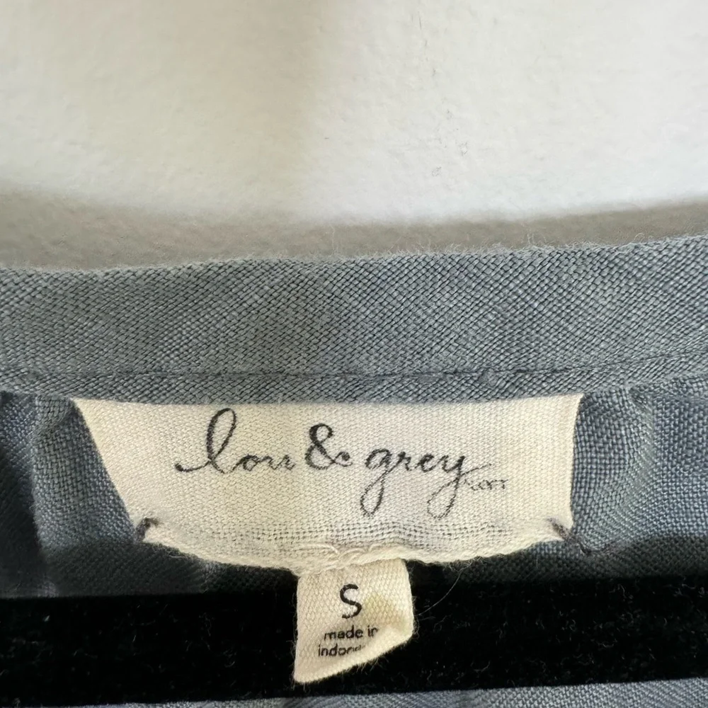 Lou & Grey Dusty Blue Gray Romper Tie Neck Button Up 100% linen Drawstring Sz S
